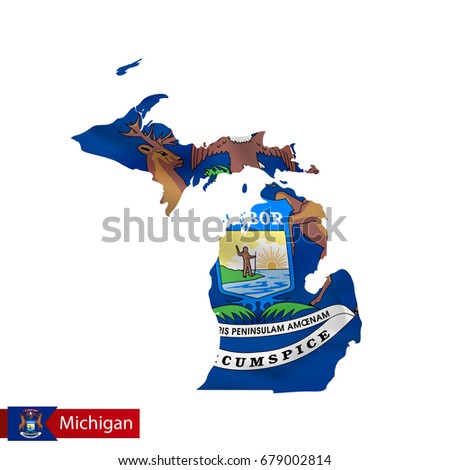 Michigan state map with waving flag of US State. Vector illustration.