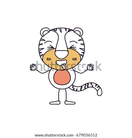 silhouette color sections caricature of cute tiger expression and sticking out tongue vector illustration