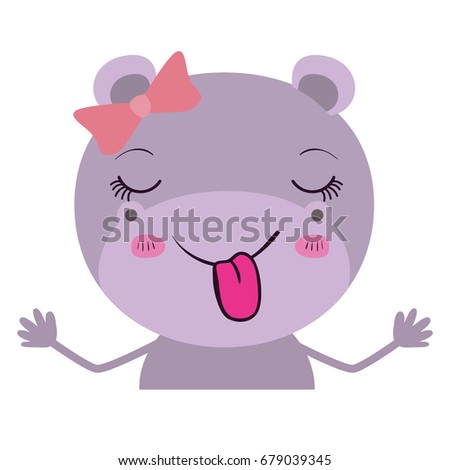 colorful caricature half body of female hippo with bow lace and sticking out tongue vector illustration
