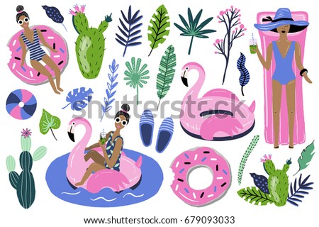 Summer set with hand drawn elements - flamingo, calligraphy, sunbathing girl, tropical leaves, cactus and other. Perfect for web, card, poster, cover, tag, invitation, sticker kit. Vector illustration
