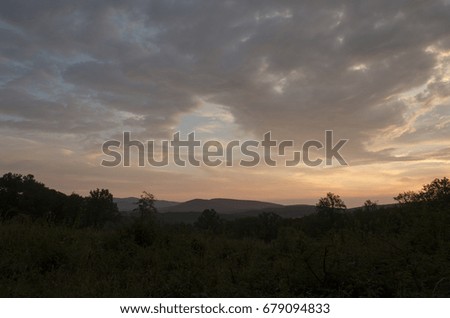 first purple light of cloudy sunrise outdoor in nature. forest sunrise in summer 