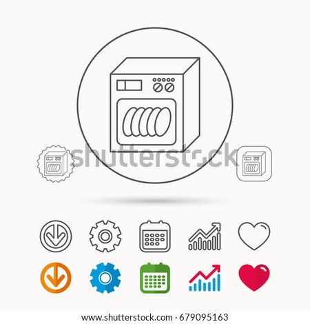 Dishwasher icon. Kitchen appliance sign. Calendar, Graph chart and Cogwheel signs. Download and Heart love linear web icons. Vector