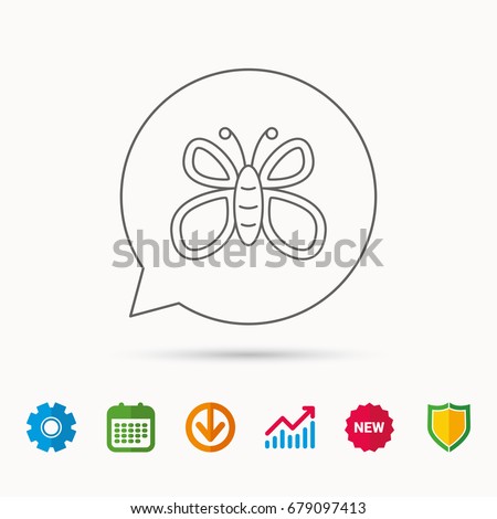 Butterfly icon. Flying lepidoptera sign. Dreaming symbol. Calendar, Graph chart and Cogwheel signs. Download and Shield web icons. Vector
