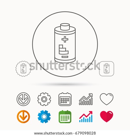 Battery icon. Electrical power sign. Rechargeable energy symbol. Calendar, Graph chart and Cogwheel signs. Download and Heart love linear web icons. Vector