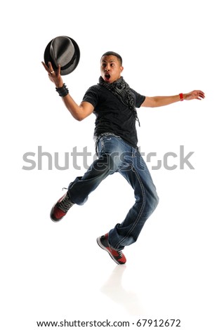 African American hip hop man dancing with hat isolated over white background