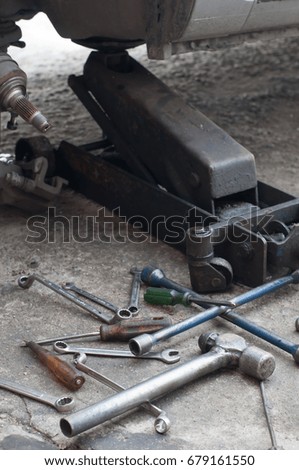 Car vehicle transportation equipment instrument and tools for maintenance service in operation area.