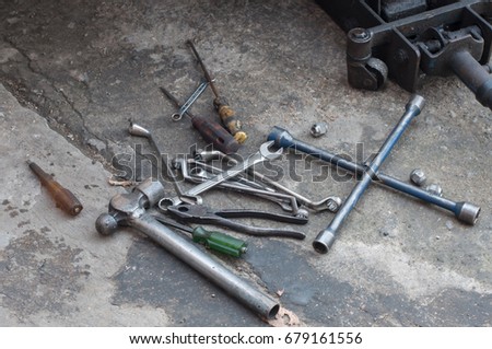 Car vehicle transportation equipment instrument and tools for maintenance service in operation area.