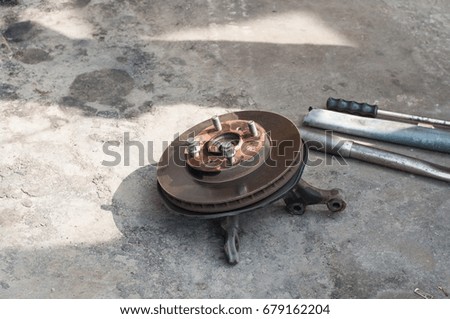 Car vehicle transportation disc brake equipment instrument and tools for maintenance service in operation area.