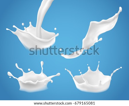 Set of 3D vector illustrations, milk splash and pouring, realistic natural dairy products, yogurt or cream, isolated on blue background. Print, template, design element Royalty-Free Stock Photo #679165081