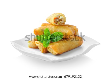 Fried Chinese Traditional Spring rolls food in ceramic plate (beautiful shape) on white background Royalty-Free Stock Photo #679192132
