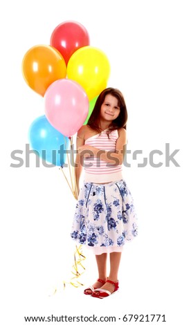 little girl holding a bunch of happy flying balls on white background