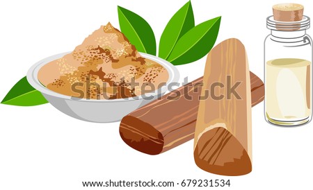 scalable Vector Illustration of Chandan or sandalwood powder with sticks, perfume or oil and green leaves. white background  Royalty-Free Stock Photo #679231534