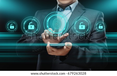 Businessman press button. Fingerprint scan provides security access with biometrics identification. Business Technology Safety Internet Network Concept