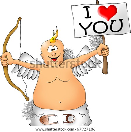 Image of a cupid holding a bow and a sign.