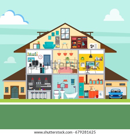 vector illustration of House in cut view with detailed interior and furniture. smart house Royalty-Free Stock Photo #679281625