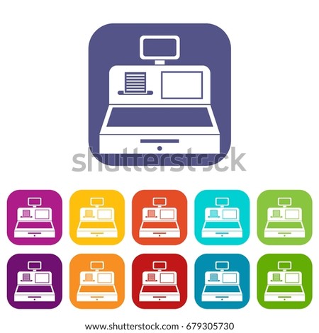 Cash register with cash drawer icons set vector illustration in flat style In colors red, blue, green and other