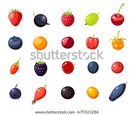 Set single berries: cherry, rosehip, strawberry, acai, raspberry, juniper, cranberry, cloudberry, blueberry, goji, acerola, blackberry, currant, honeysuckle. Vector collection of flat icon, isolated. Royalty-Free Stock Photo #679323286