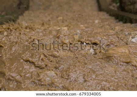 Muddy water in the day of heavy rain down the stairs of cement.