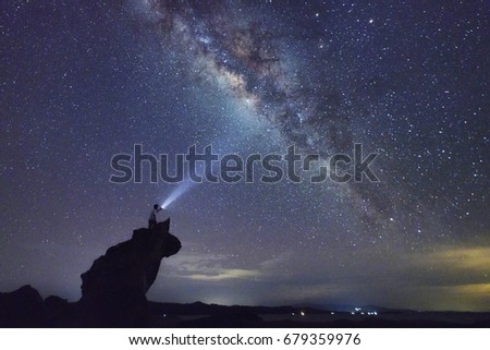 Milky Way galaxy over the sea at Sabah Borneo East Malaysia. Long exposure photograph with grain. Soft focus and motion blur due to long exposure when full resolution.