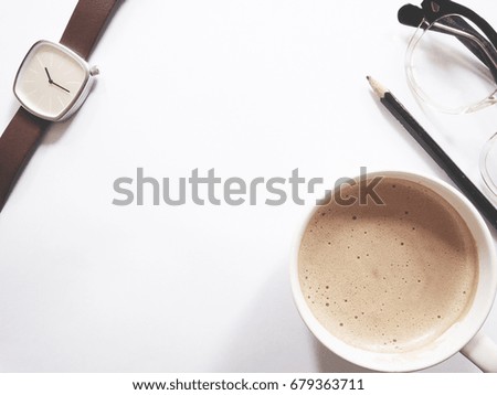 This is office equipment and hot coffee in minimal style, The picture of pencil, glasses, watch and hot coffee on white background. soft tone color,  minimal style