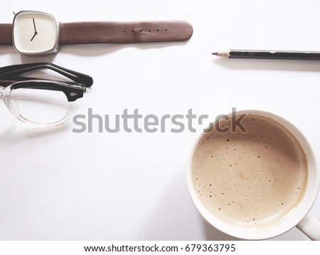 This is office equipment and hot coffee in minimal style, The picture of pencil, glasses, watch and hot coffee on white background. soft tone color,  minimal style
