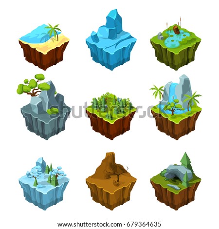 Rock fantasy islands for computer games. Isometric illustrations in cartoon style