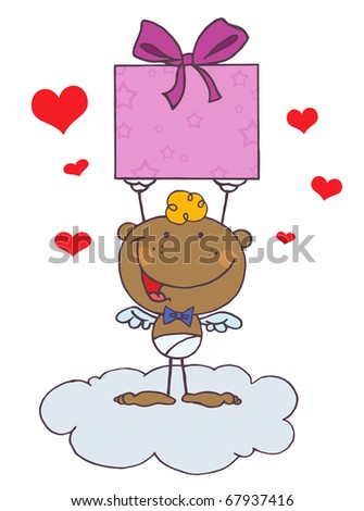 Black Stick Cupid On A Cloud, Holding Up A Gift