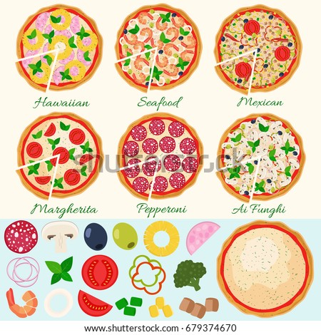 Pizza set vector illustration. Pizza isolated ingredients.