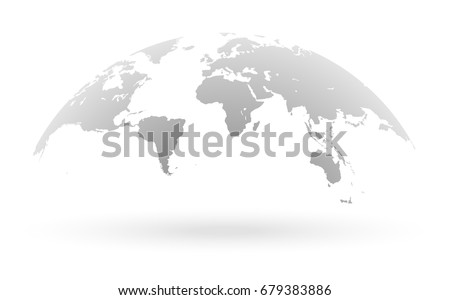 Detailed grey world map, mapped on an open globe, isolated on white background