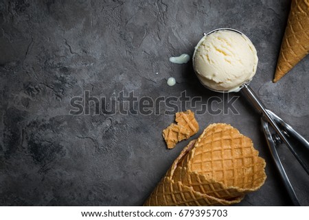 Vanilla ice cream on rustic background