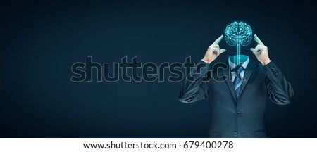 Brain with printed circuit board (PCB) design and businessman representing artificial intelligence (AI), data mining, machine and deep learning and another modern computer technologies concepts. Royalty-Free Stock Photo #679400278