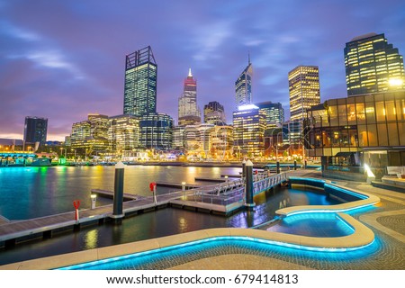 Downtown Perth skyline in Australia at twilight Royalty-Free Stock Photo #679414813