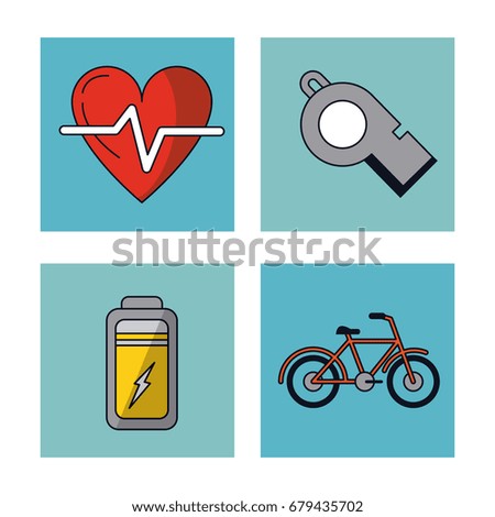 white background with frames of healthy lifestyle with heart pulse and battery and bicycle and whistle