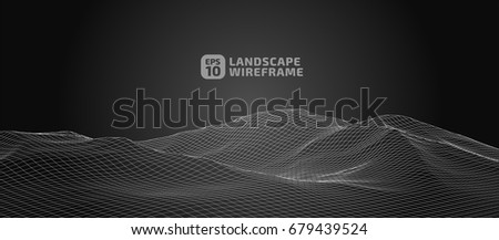 Abstract wireframe background. 3D grid technology illustration landscape. Digital Terrain Cyberspace in the Mountains with valleys | EPS10 Vector.