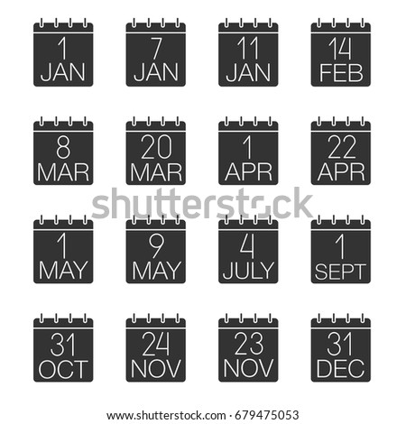 Holidays calendar glyph icons set. Wall calendars. Dates and occasions. Silhouette symbols. Vector isolated illustration