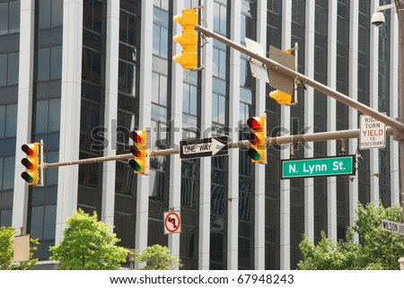 View of american business street with traffic lights