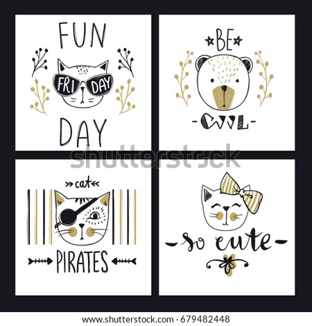 Vector card series with cute fashion cats. Stylish kitten set. Trendy illustration in sketch style  t-shirt print, cards, poster. Doodle Kitty. Kids animals. Funny character.