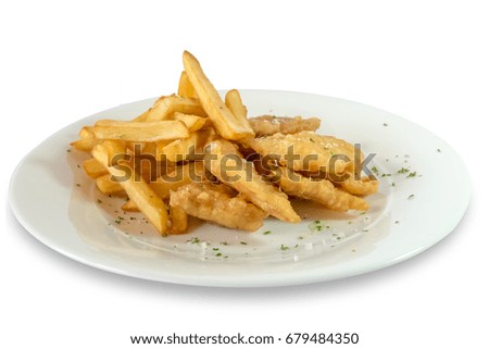 Fish and chips on white background, clipping path