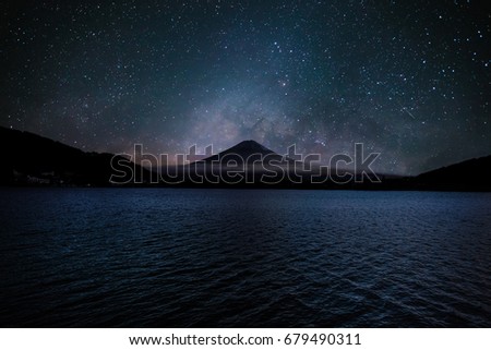 Fuji San Mountain with Milky Way Stars Universe in background 