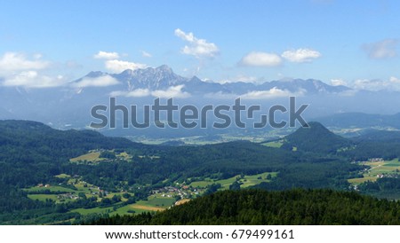 Aerial view of Carinthia, Austria with peak Triglav of Slovenia in the background