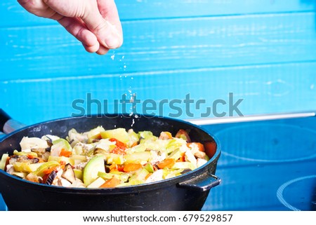 Cooking vegetable stew with meat chicken fillet in a frying pan, salt and pepper, tomato marrows carrot aubergine parsley pepper
