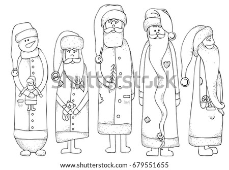 Set of jolly Santa  and snowman. Merry christmas. Set of Christmas hand-drawn decorative elements in vector.  Pattern for coloring book. Black and white.