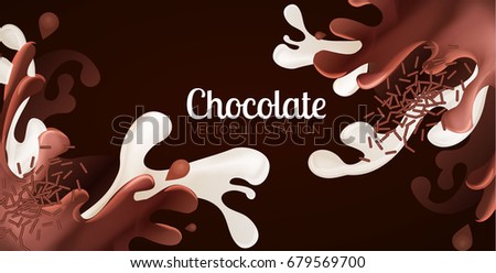 Liquid Chocolate and Milk Splash. Sweet Background.  Vector illustration
