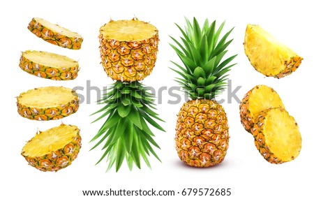 Pineapple collection. Whole and sliced pineapple isolated on white background Royalty-Free Stock Photo #679572685
