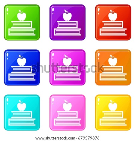 Books and apple icons of 9 color set isolated vector illustration