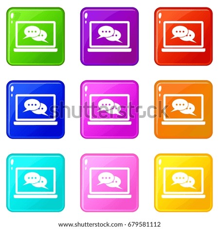Speech bubbles on laptop screen icons of 9 color set isolated vector illustration