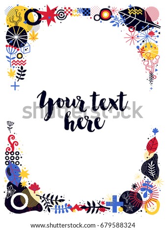 Vertical text frame template with floral and abstract elements on white background. Useful for prints, posters, banners and advertising.