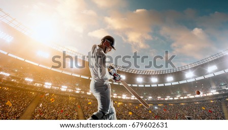 Cricket Batsman in Action on a professional cricket stadium. The player wears unbranded clothes. The stadium is made in 3D with no existing references.
