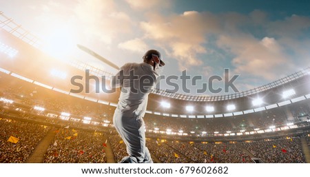Cricket Batsman in Action on a professional cricket stadium. The player wears unbranded clothes. The stadium is made in 3D with no existing references.