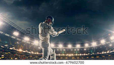 Cricket Batsman in Action on a professional cricket stadium. The player wears unbranded clothes. The stadium is made in 3D with no existing references. Royalty-Free Stock Photo #679602700